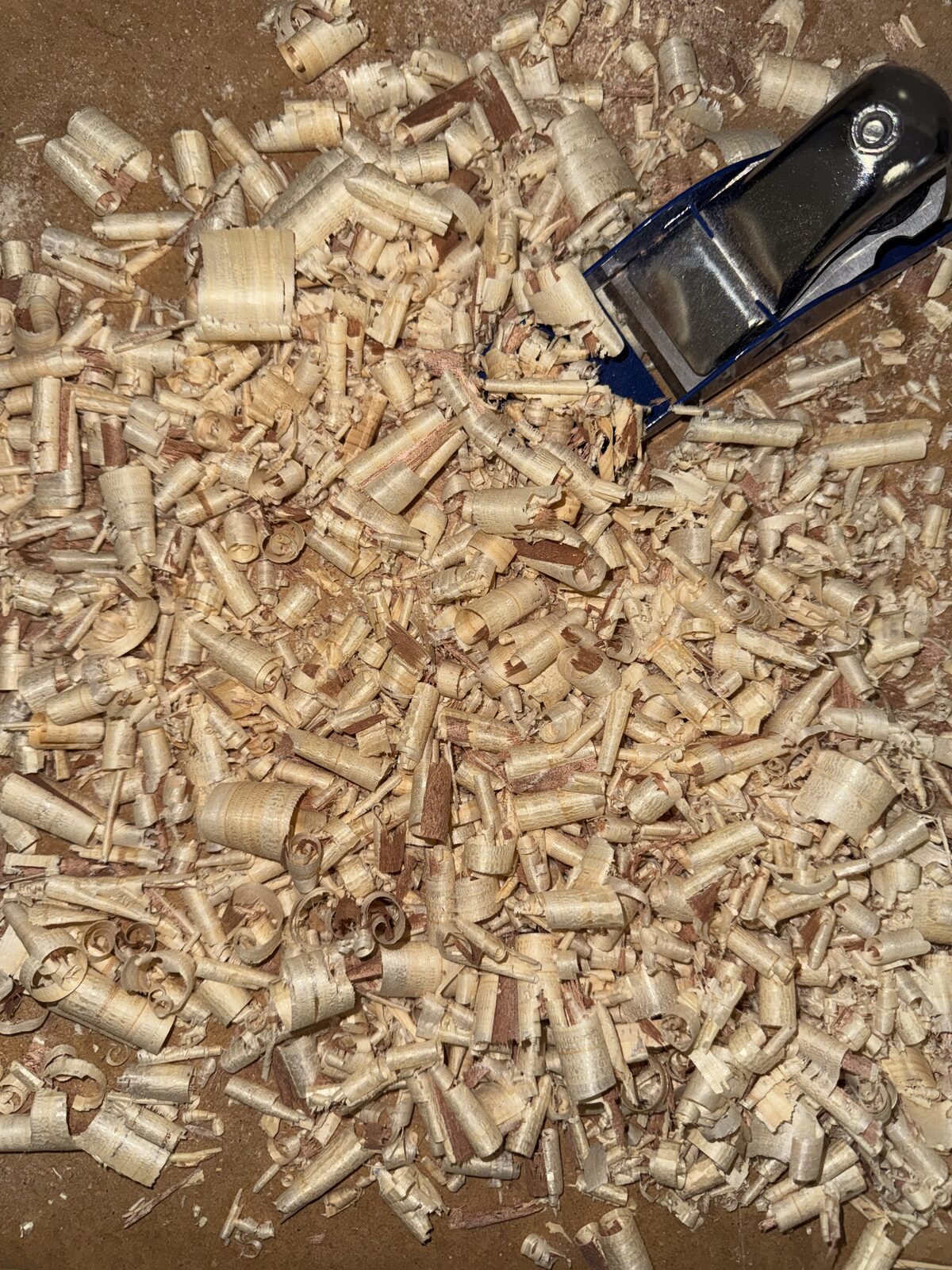 Trucioli di legno con una pialla a mano appoggiata sopra